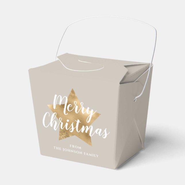 Caixinha De Lembrancinhas Elegante Taupe Dourada Star Feliz Natal (Frente)