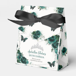 Caixinha De Lembrancinhas Emerald Green Floral Silver Quinceañera Butterfly