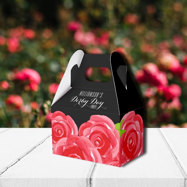 Caixinha De Lembrancinhas Estilo Gable Derby Floral do Rosa vermelha (Gable style party favor boxes 4"w x 2.5"l x 5"h)