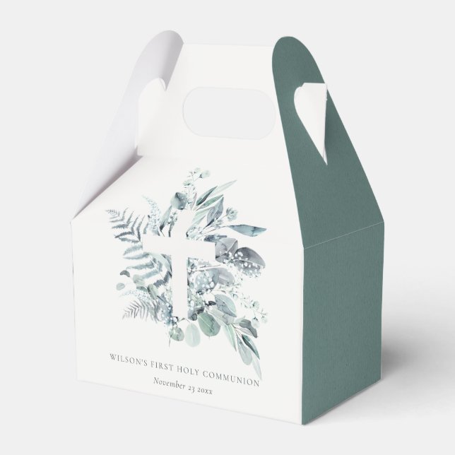 Caixinha De Lembrancinhas Eucalyptus Fern Foliage Cross Primeira Comunhão Sa (Frente)
