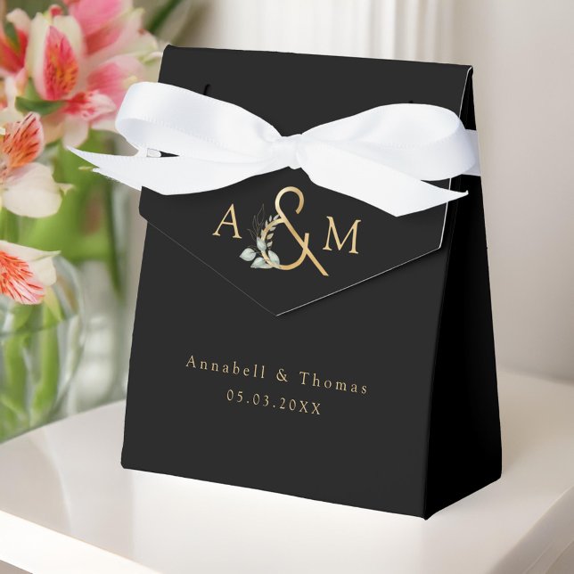 Caixinha De Lembrancinhas Eucalyptus Wedding Box Geschenkschachtel (Eucalyptus Wedding Favor Box. Black Gold with your monogram, name and date)