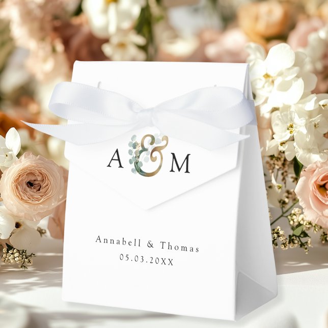 Caixinha De Lembrancinhas Eucalyptus Wedding Box Geschenkschachtel (Eucalyptus Wedding Favor Box, Monogram, Ampersand, Botanical, white, beige-gold, green, modern.)
