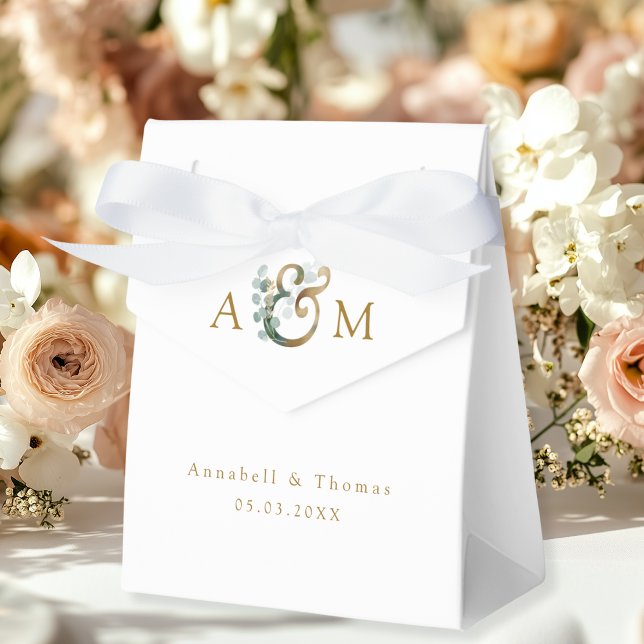 Caixinha De Lembrancinhas Eucalyptus Wedding Box Geschenkschachtel (Eucalyptus Wedding Favor Box, Monogram, Ampersand, Botanical, white, beige-gold, minimal, modern.)