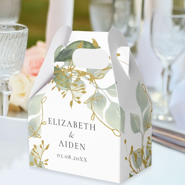 Caixinha De Lembrancinhas Eukalyptus Wedding Box  (Personalized White Greenery Gold Eucalyptus Wedding Box with your names and date.)