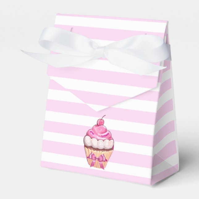 Caixinha De Lembrancinhas Feliz Aniversário, Cupcake de Cereja Rosa com Arco (Frente)