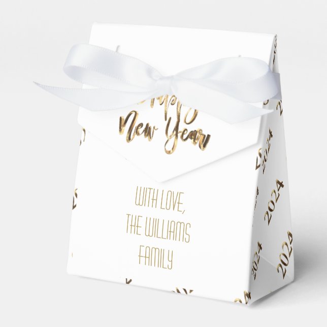 Caixinha De Lembrancinhas Feliz ano novo Elegante White e Dourado Script 202 (Frente)