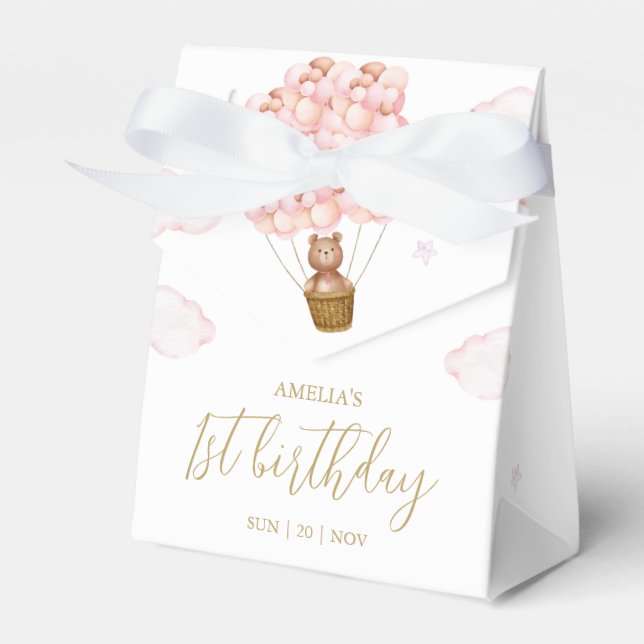 Caixinha De Lembrancinhas Festa de aniversário de Balões Rosa de Urso Teddy (Frente)