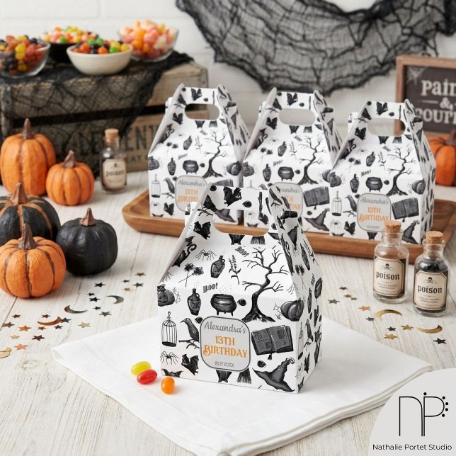 Caixinha De Lembrancinhas Festa de Aniversário de Halloween (This Halloween Birthday Party Favor Box features hand-drawn art in black ink by Nathalie Portet)