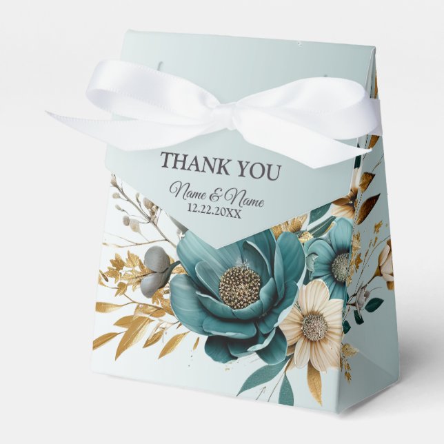 Caixinha De Lembrancinhas Festa de casamento Turquesa Folhas do Ouro da Flor (Frente)