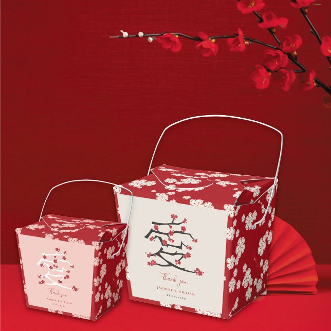 Caixinha De Lembrancinhas Festa de Engajamento do Amor Chinês pelas Cerejeir (Chinese 'Ai' Love Red/Pink Cherry Blossoms Engagement/Wedding Party Favor Boxes @ fatfatin_red_knot)
