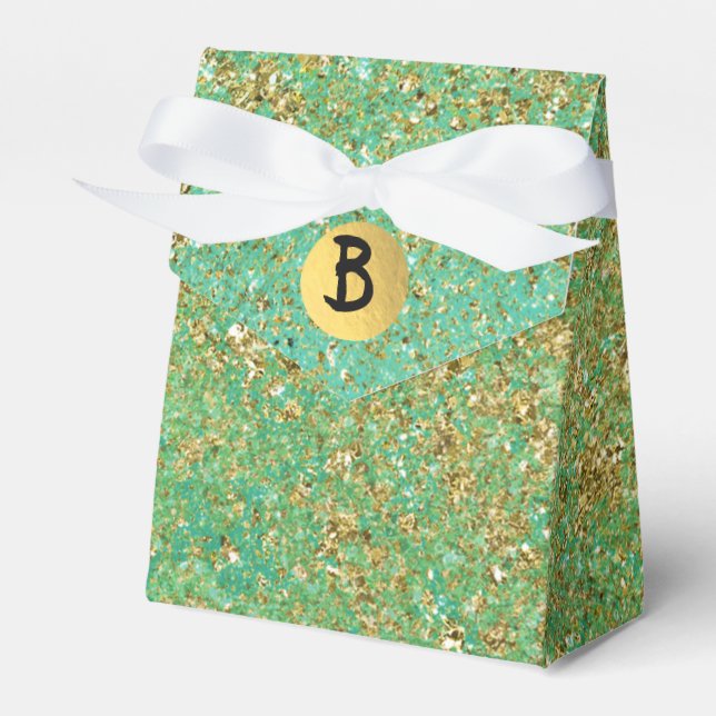 Caixinha De Lembrancinhas Festa de Monograma Glam Aqua Teal e Brilho Dourado (Frente)
