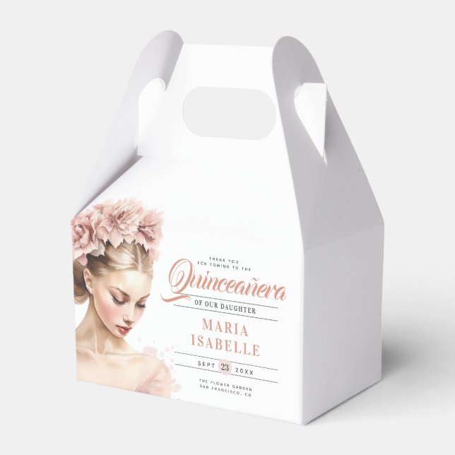 Caixinha De Lembrancinhas Festa de Quinceanera, cor-de-rosa rosa (Frente)