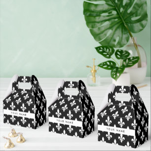 Caixinha De Lembrancinhas Flor de Lis, Branco sobre Preto, Branco, Seu Nome