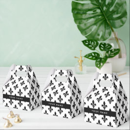 Caixinha De Lembrancinhas Flor de Lis, Preto sobre Branco, Preto, Seu Nome
