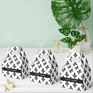 Caixinha De Lembrancinhas Flor de Lis, Preto sobre Branco, Preto, Seu Nome