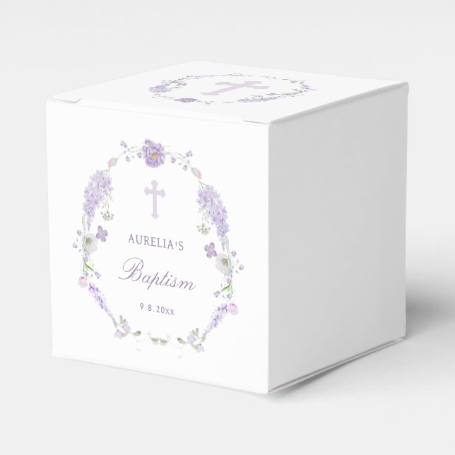 Caixinha De Lembrancinhas Floral Lilac Lavender Wreath Baptism Cube (Frente)