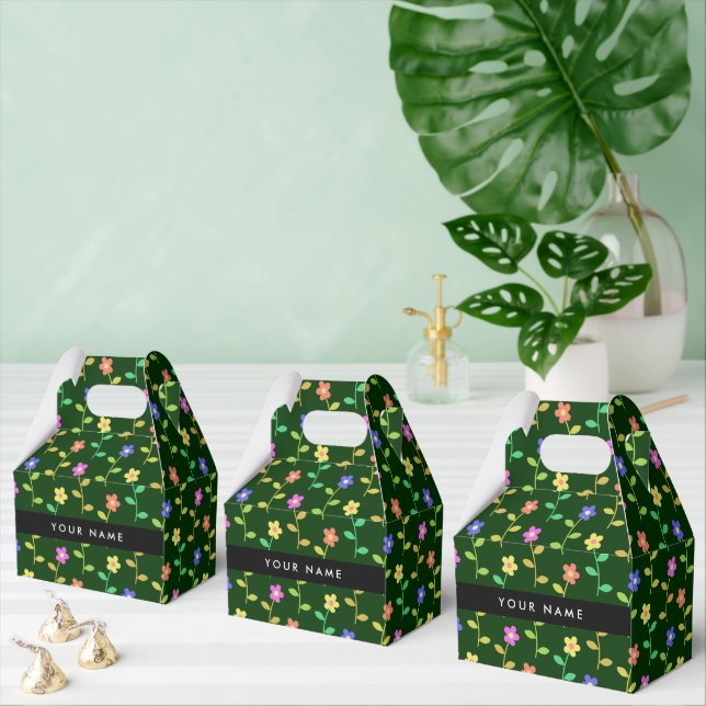 Caixinha De Lembrancinhas Flores Coloridas, Fundo Verde, Preto (Múltiplo)