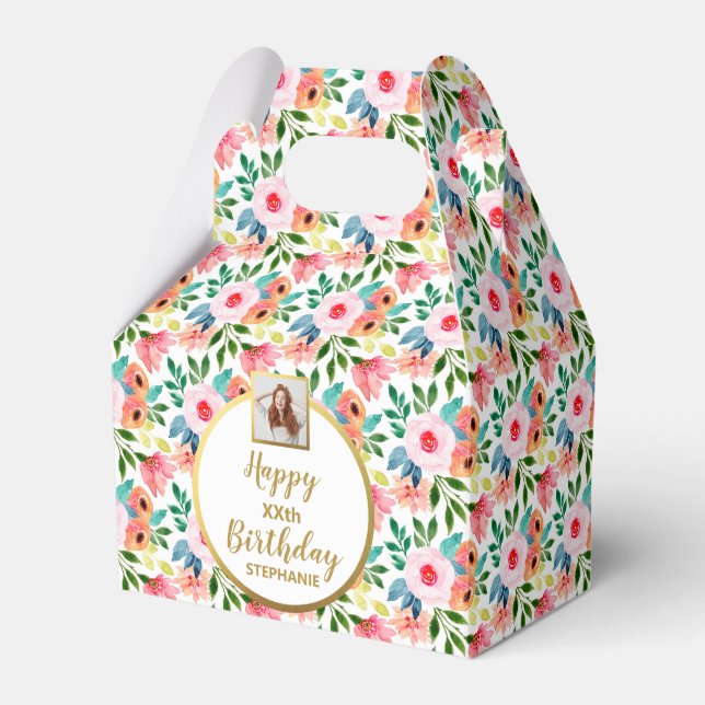 Caixinha De Lembrancinhas Flores De Aquarela, Foto Personalizada, Feliz Aniv (Frente)