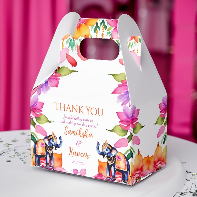 Caixinha De Lembrancinhas Flores de elefantes do casamento indiano (Indian wedding elephants cerise flowers favor box Indian wedding favor box)