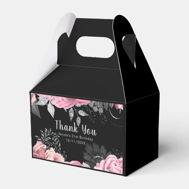Caixinha De Lembrancinhas Flores Elegantes Rosa e Prata de Aniversário (Frente)