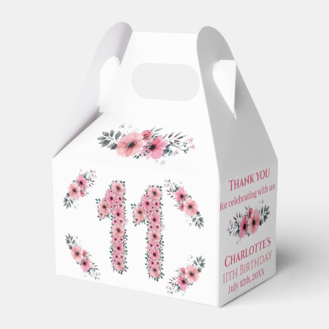 Caixinha De Lembrancinhas Flores Rosa Grande Folhagem Verde 11 de Aniversári (Frente)