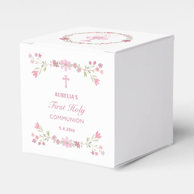 Caixinha De Lembrancinhas Flores Rosa Primeiro Cubo de Comunhão (Frente)