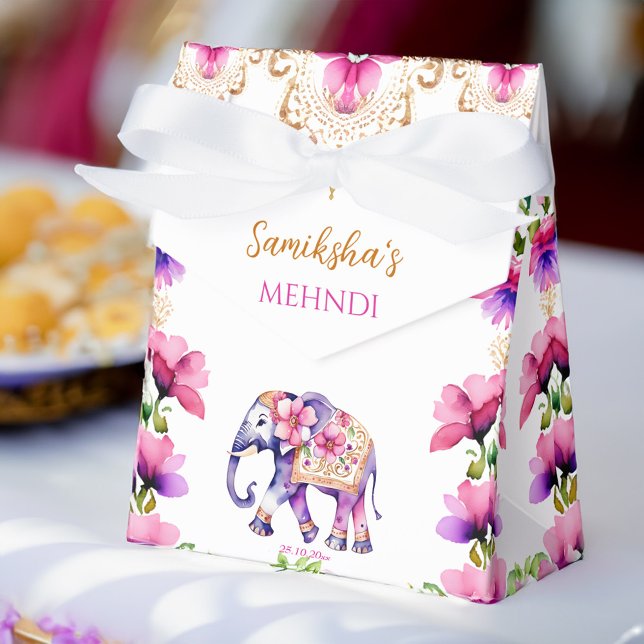 Caixinha De Lembrancinhas Flores rosa-rosa do elefante do casamento indiano  (Mehndi Indian wedding cute decorated elephant pink flowers Favor Box)