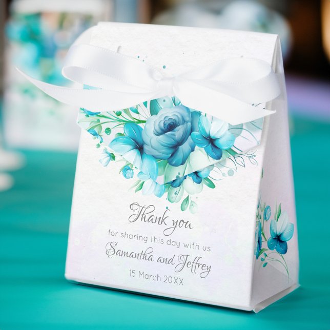 Caixinha De Lembrancinhas Flores verdes-de-coleira-azul, casamento floral (Blue teal green flowers floral wedding favor box elegant wedding favor box aqua blue floral )
