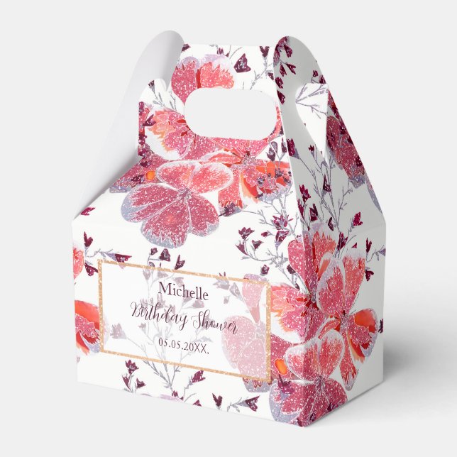 Caixinha De Lembrancinhas Flores vermelhas cor-de-rosa em branco. (Frente)
