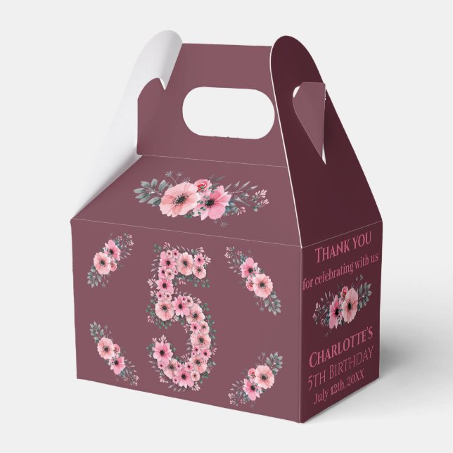 Caixinha De Lembrancinhas Folhagem Verde-Grande 5 de-Aniversário-Rosa-Flores (Frente)