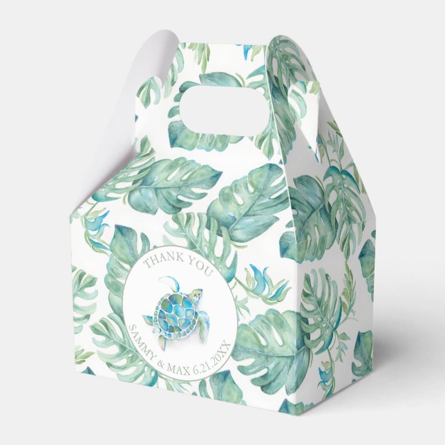 Caixinha De Lembrancinhas Folhas Tropicais Tartaruga Marinha Aquarela  (Frente)