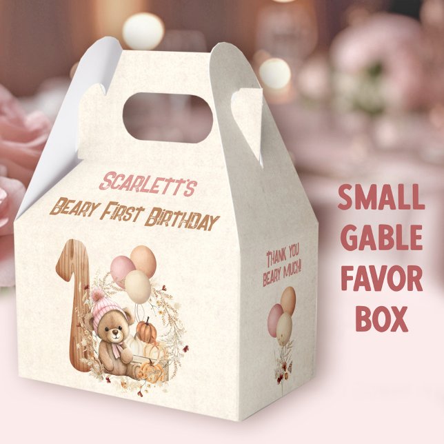 Caixinha De Lembrancinhas Gable primeiro aniversario da Garota do Urso de Qu (Fall Bear Girl Small Gable Favor Boxes - You can choose from 3 sizes of these gable favor boxes)