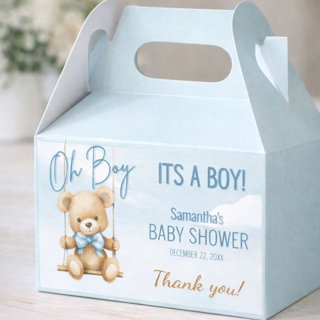 Caixinha De Lembrancinhas Garoto Bonito, é Urso Menino, obrigado Chá de fral (Elegant baby shower favor box with teddy bear theme and soft blue details.)