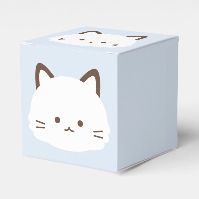Caixinha De Lembrancinhas Gato de rosto fofo com fundo azul pastel (Frente)
