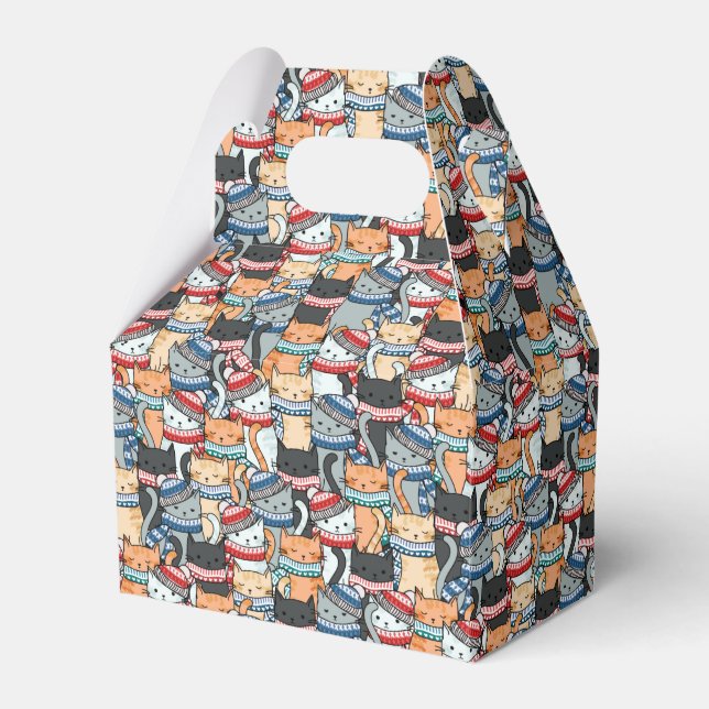 Caixinha De Lembrancinhas Gatos no padrão de escarpas e chapéus de inverno (Frente)