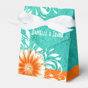 Caixinha De Lembrancinhas Gerbera Daisy Scroll Turquesa de laranja
