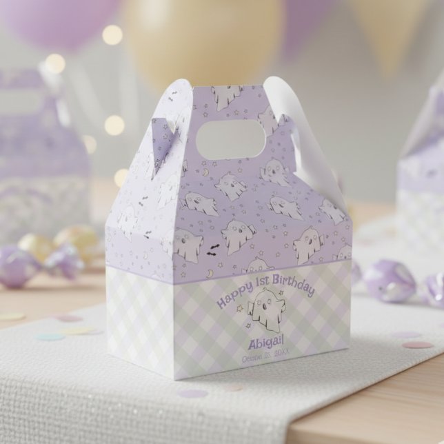 Caixinha De Lembrancinhas Girly Purple Happy Primeiro Aniversário Halloween (Spooky One Ghost Party Halloween 1st Birthday Ghost Favor Boxes. Cute Purple October Birthday Boxes)