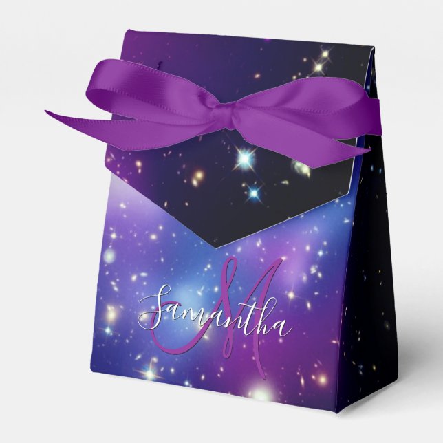 Caixinha De Lembrancinhas Girly Roxo Galáxia Monograma Celestial (Frente)