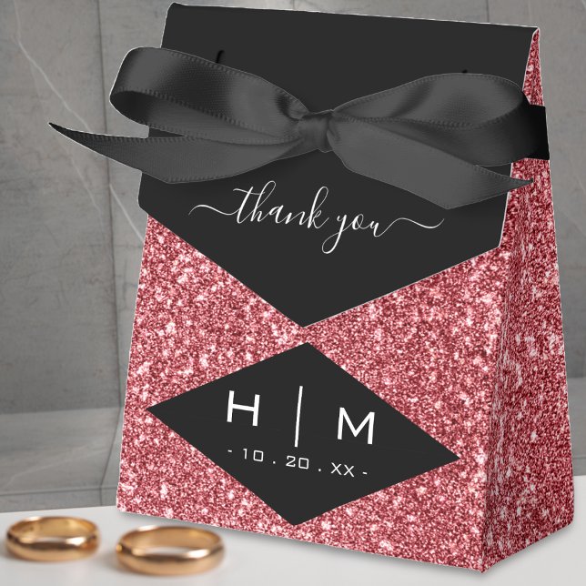 Caixinha De Lembrancinhas Glitter Dourado e preto - Obrigado Casamento (black & pink rose gold glitter monogram thank you favor box)