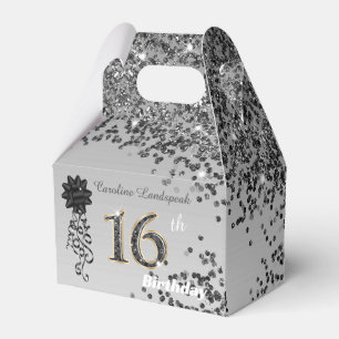 Caixinha De Lembrancinhas Glitter Dourado preto chic e fita 16.º aniversário