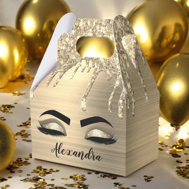 Caixinha De Lembrancinhas Glitter Sparkle Eyelashes Dourado Nome do Monogram (Criador carregado)