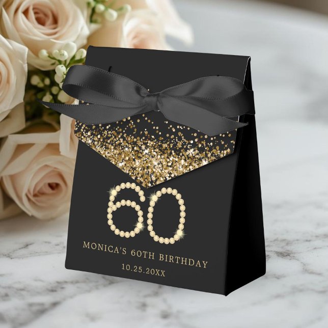 Caixinha De Lembrancinhas Gold 60th Diamonds Birthday Party (Gold Diamonds 60th Birthday Party Favor Boxes)