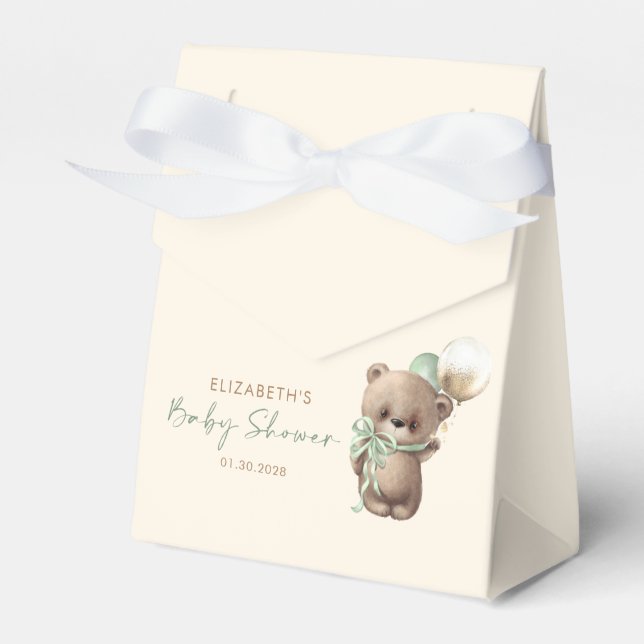 Caixinha De Lembrancinhas Gold Brown Sage Green Teddy Bear Baby Shower (Frente)