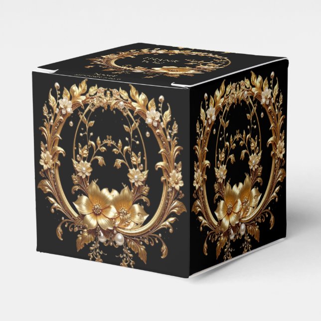 Caixinha De Lembrancinhas Golden Floral Ornate Frame Favor Box (Frente)