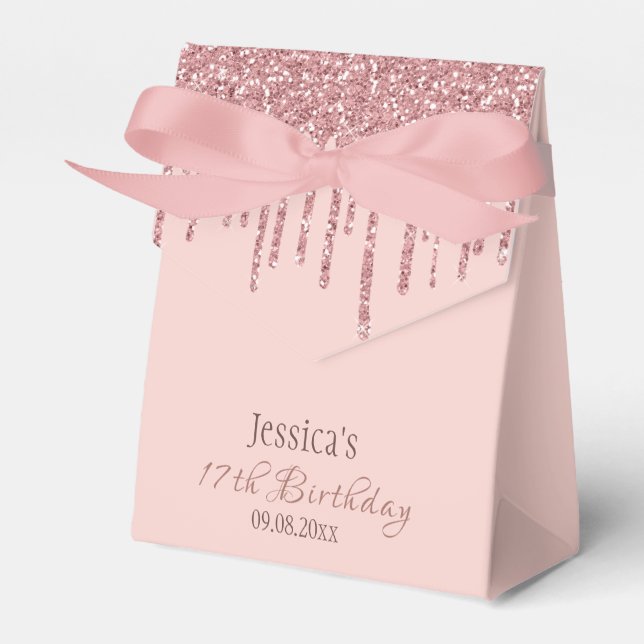 Caixinha De Lembrancinhas Gotas de Rosa de Glitter Dourada do Monograma Chic (Frente)