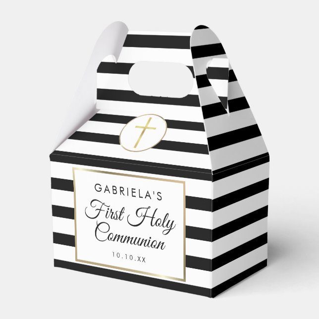 Caixinha De Lembrancinhas Greve Negra Elegante Dourada Primeira Comunhão San (Frente)