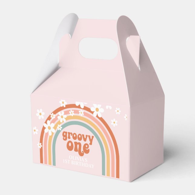 Caixinha De Lembrancinhas Groovy One hippie daisy arco-íris primeiro anivers (Frente)