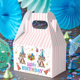 Caixinha De Lembrancinhas Happy Birthday Gable Favor Box Pink Stripe Monkeys