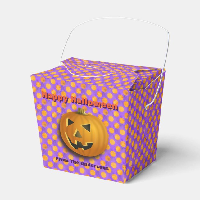 Caixinha De Lembrancinhas Jack-O-Lanterna, Bolinhas Roxas e Laranja (Frente)