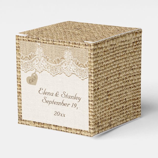 Caixinha De Lembrancinhas Lace branco e coração no casamento de burlap russa (Frente)